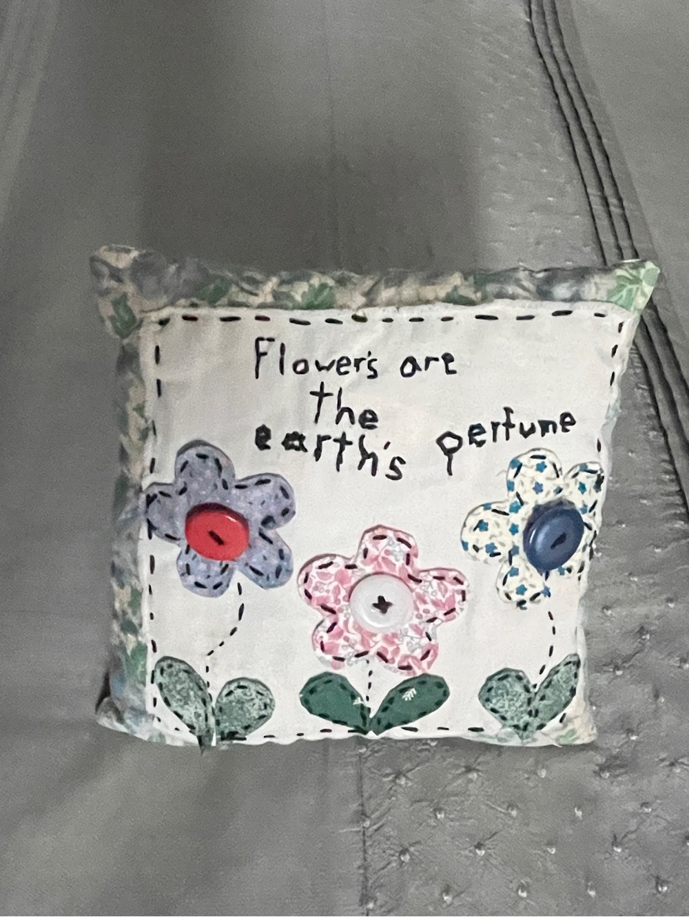Handmade Floral Embroidered Accent Pillow with Button Accent Flowers 7" x 7"